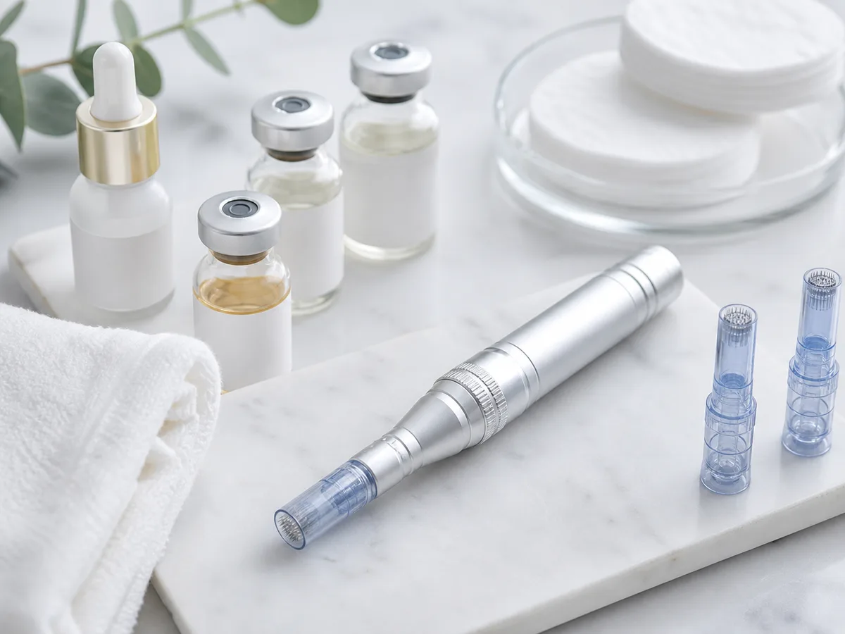 Generic cosmetic therapy tools with serum vials, cotton pads, and a microneedling device