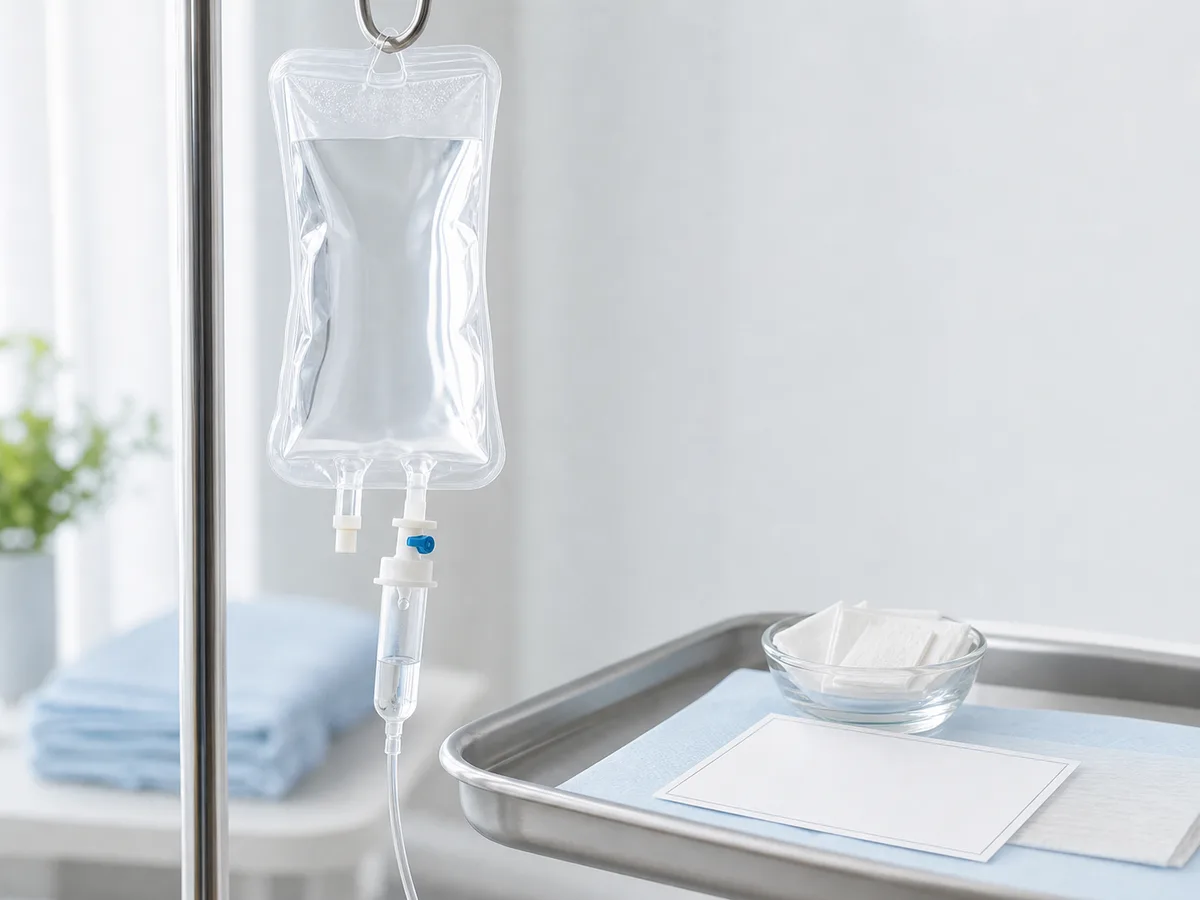Generic IV therapy setup with an IV bag, tubing, and clean treatment tray